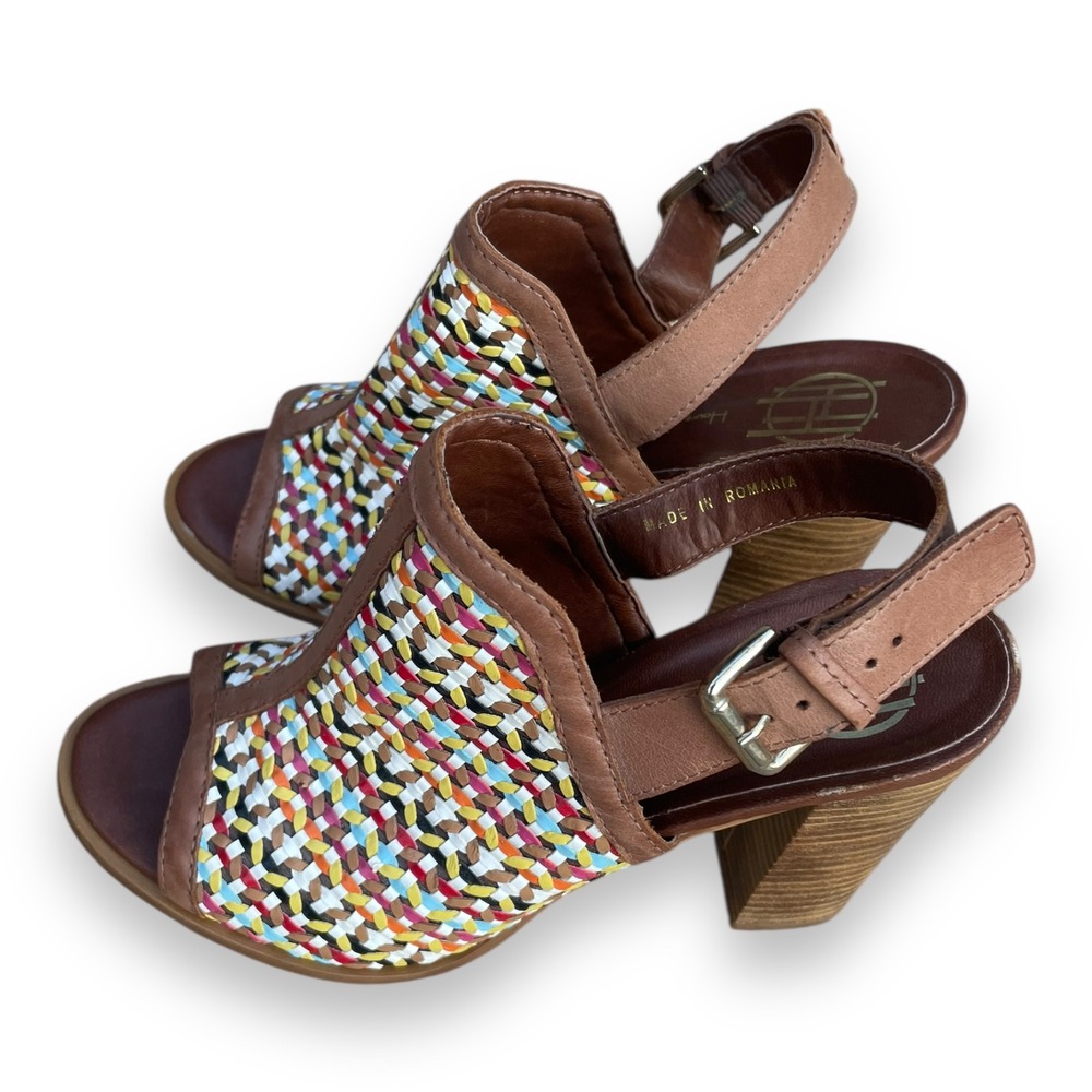 House of Harlow 1960 Teagan Woven Multi Color Leather Block Heel Sandals Size 38